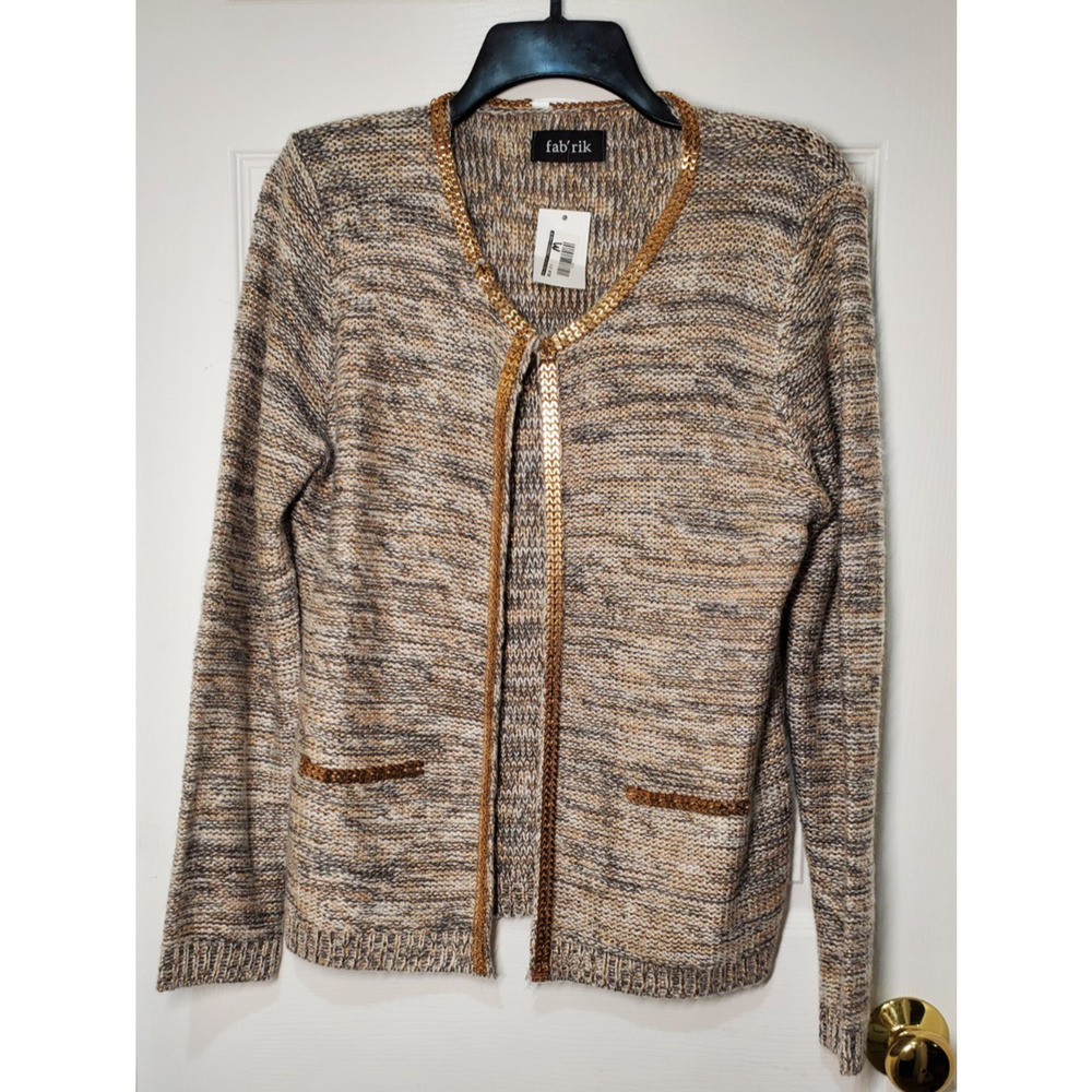 NWT Fabrik Lurex Open Front Sweater Cardigan Gold Trim Size M